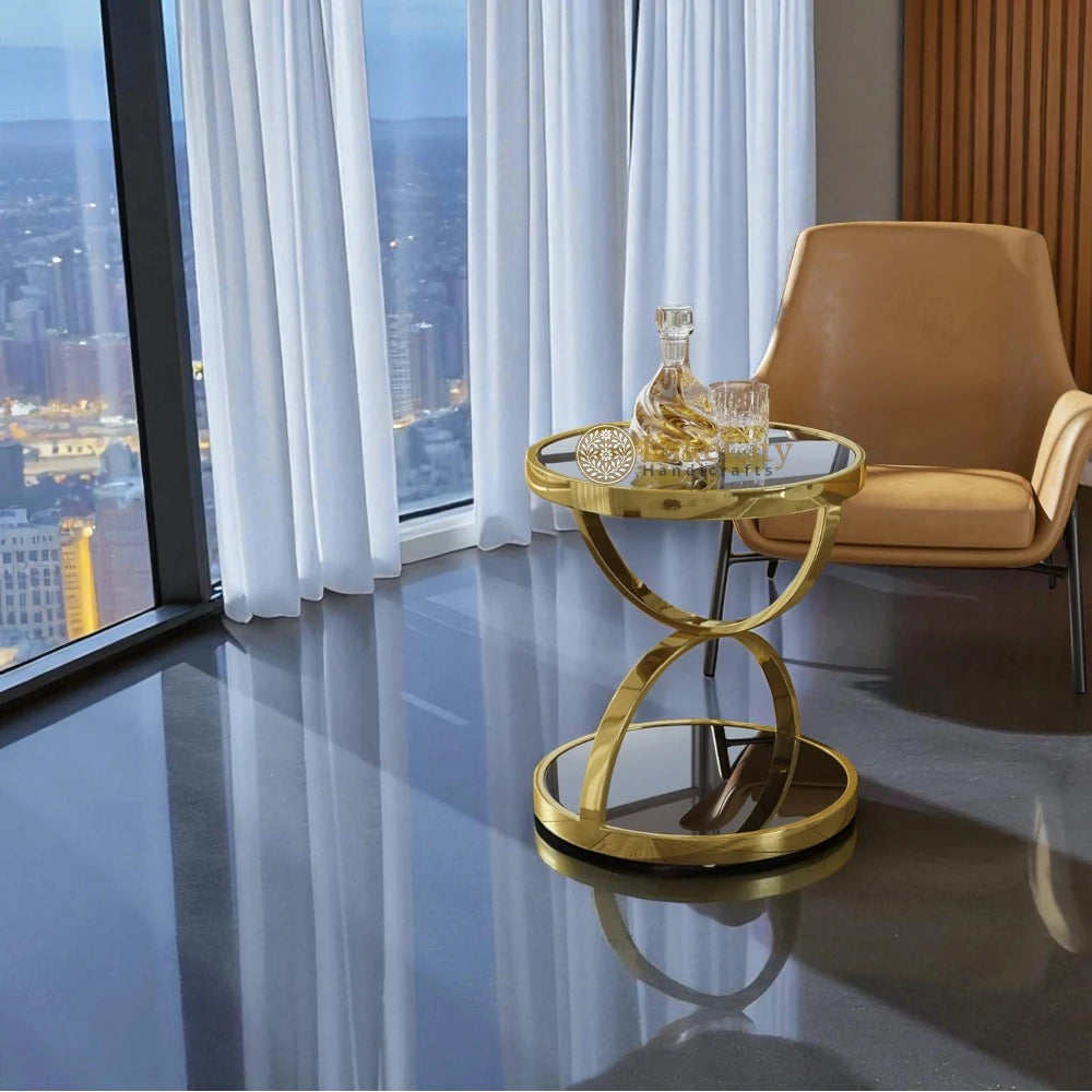 Round Tempered Glass Gold Side Table | Round Tempered Glass Gold End Table