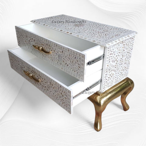 Royal Mother Of Pearl Inlay Floral Design 2 Drawers Chest White