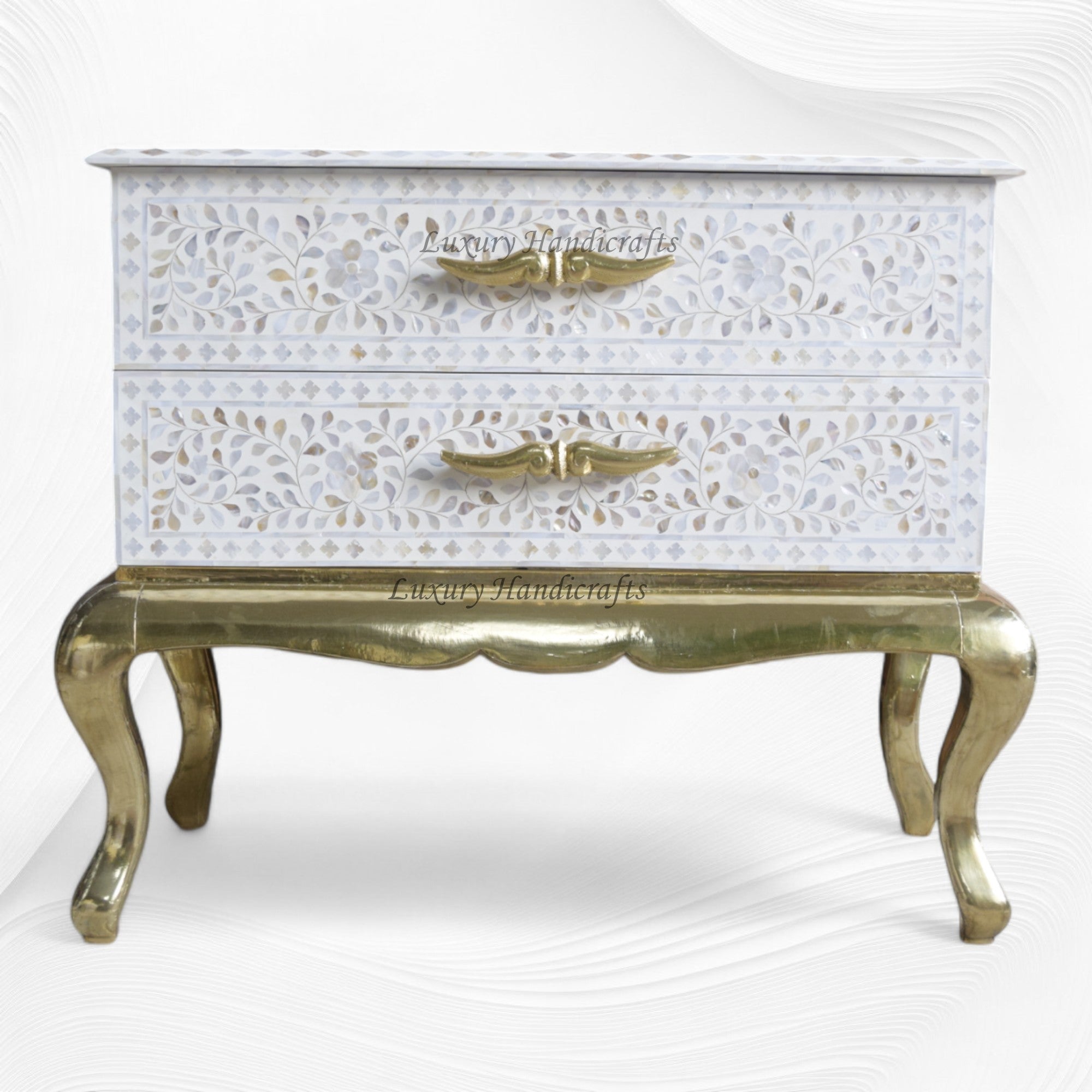Royal Mother Of Pearl Inlay Floral Design 2 Drawers Chest White