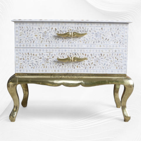 Royal Mother Of Pearl Inlay Floral Design 2 Drawers Chest White