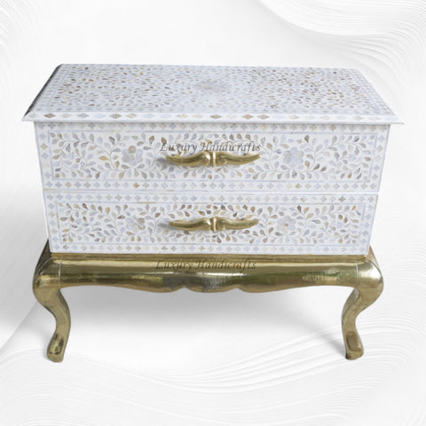 Royal Mother Of Pearl Inlay Floral Design 2 Drawers Chest White