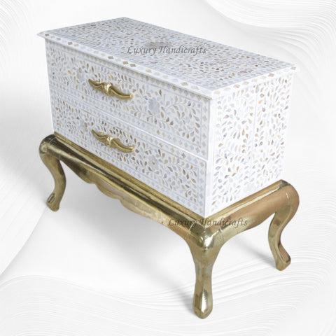 Royal Mother Of Pearl Inlay Floral Design 2 Drawers Chest White