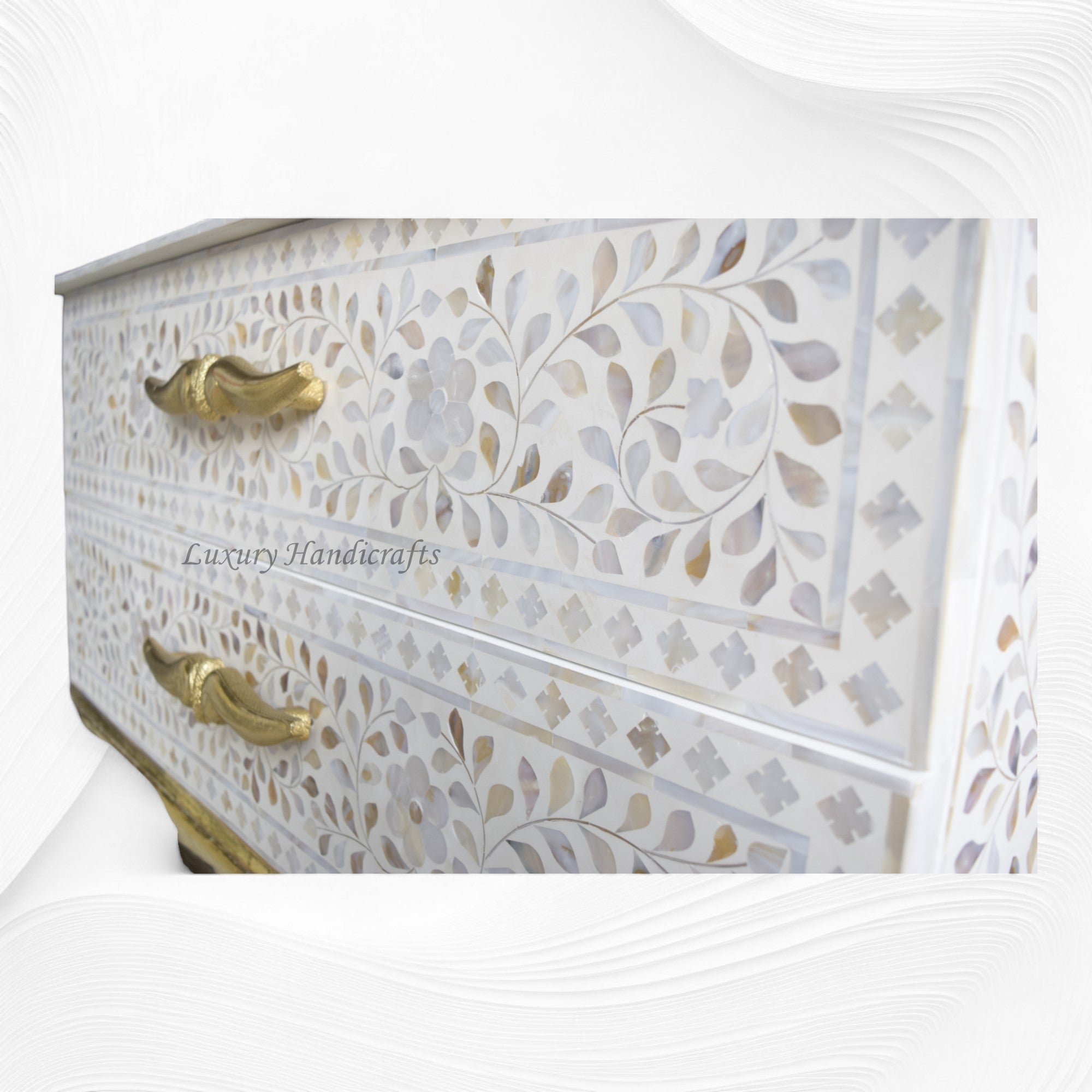 Royal Mother Of Pearl Inlay Floral Design 2 Drawers Chest White