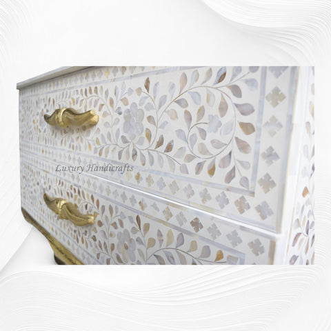 Royal Mother Of Pearl Inlay Floral Design 2 Drawers Chest White
