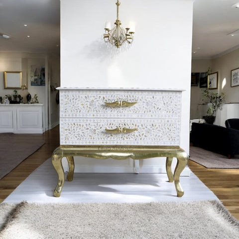 Royal Mother Of Pearl Inlay Floral Design 2 Drawers Chest White