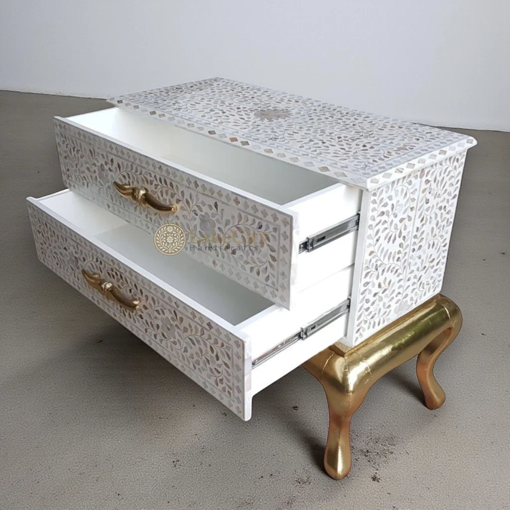 Royal Mother Of Pearl Inlay Floral Design 2 Drawers Chest White