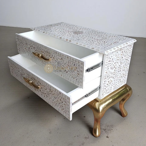 Royal Mother Of Pearl Inlay Floral Design 2 Drawers Chest White