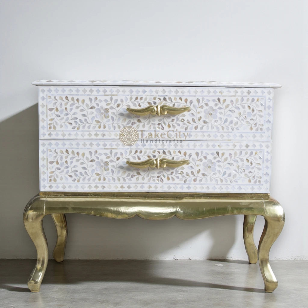 Royal Mother Of Pearl Inlay Floral Design 2 Drawers Chest White