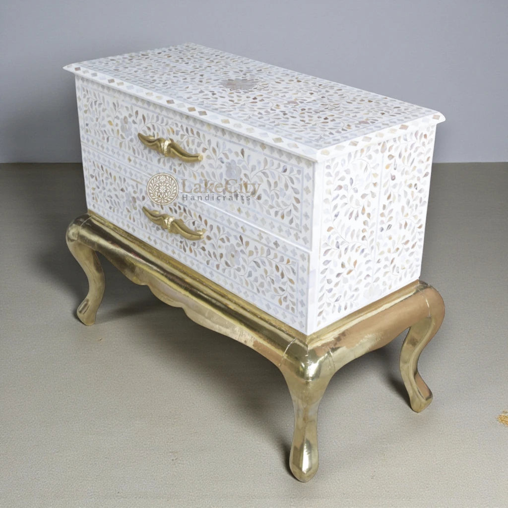 Royal Mother Of Pearl Inlay Floral Design 2 Drawers Chest White