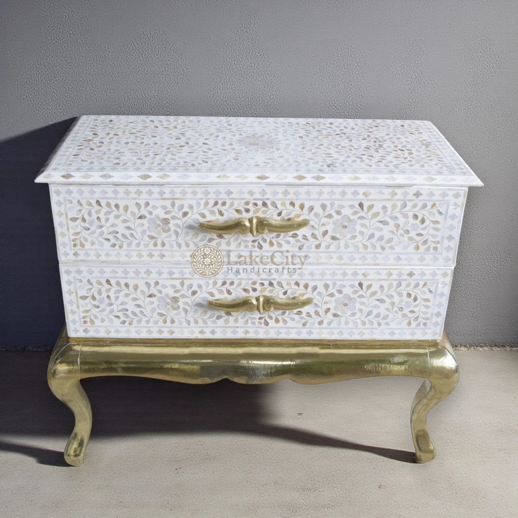 Royal Mother Of Pearl Inlay Floral Design 2 Drawers Chest White