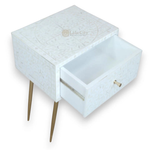 Mesilla de noche blanca con incrustaciones de hueso de vid | Mesilla de noche blanca | Mesitas de noche con 1 cajón
