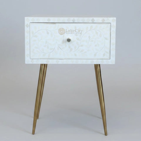 Mesilla de noche blanca con incrustaciones de hueso de vid | Mesilla de noche blanca | Mesitas de noche con 1 cajón