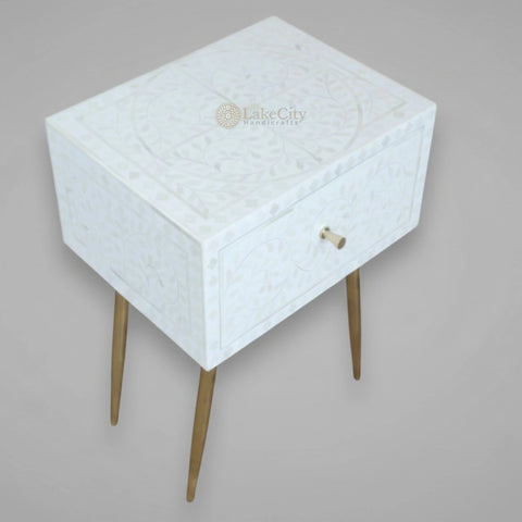 Mesilla de noche blanca con incrustaciones de hueso de vid | Mesilla de noche blanca | Mesitas de noche con 1 cajón
