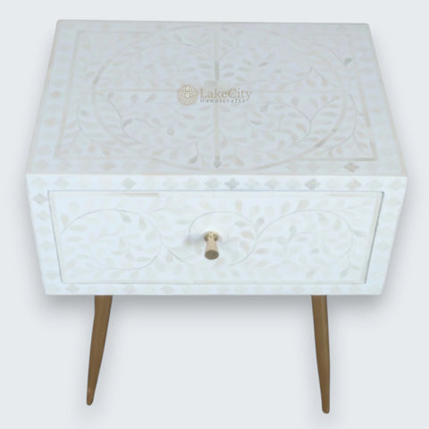 Mesilla de noche blanca con incrustaciones de hueso de vid | Mesilla de noche blanca | Mesitas de noche con 1 cajón