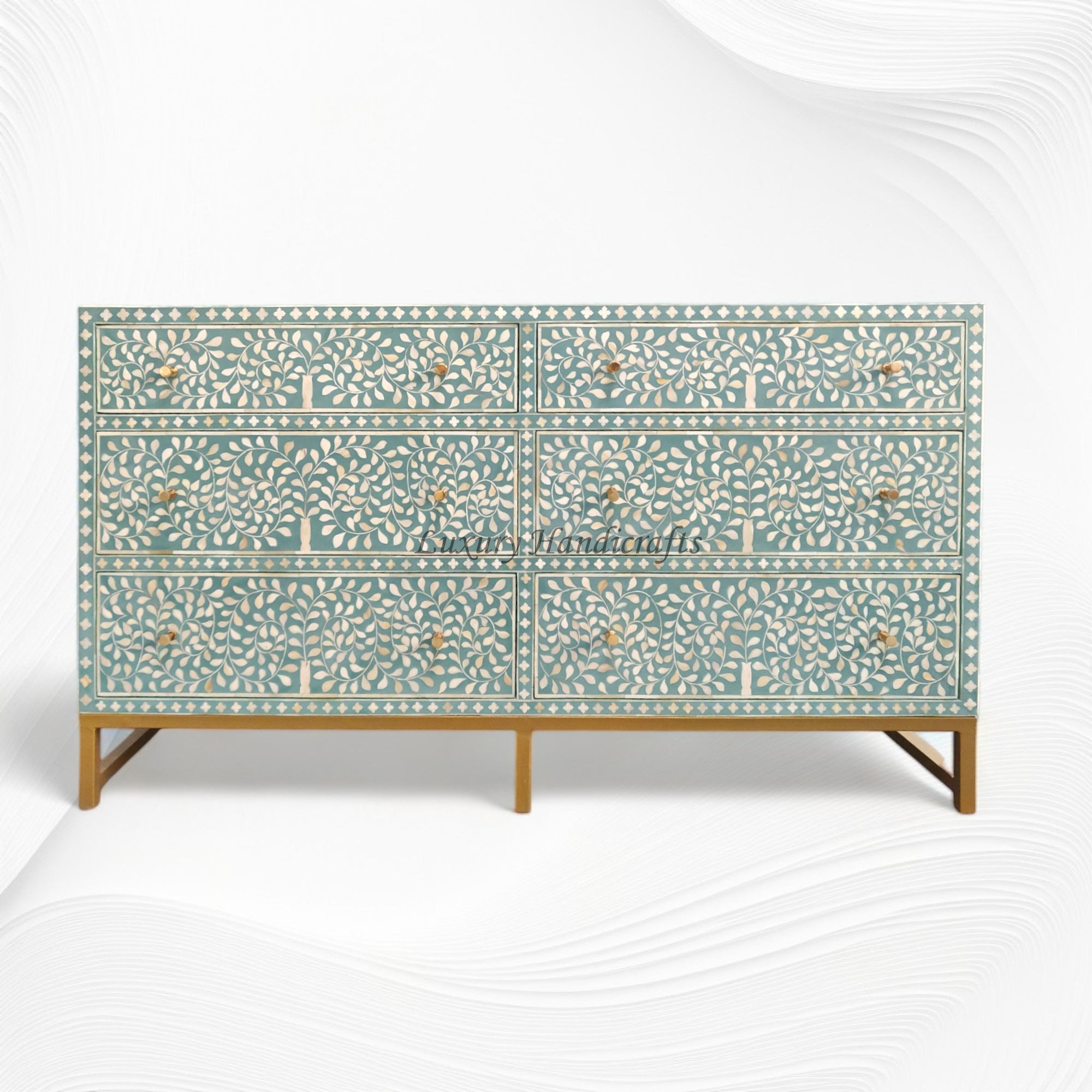 Scroll Vine Bone Inlay 6 Drawer Dresser Green 6