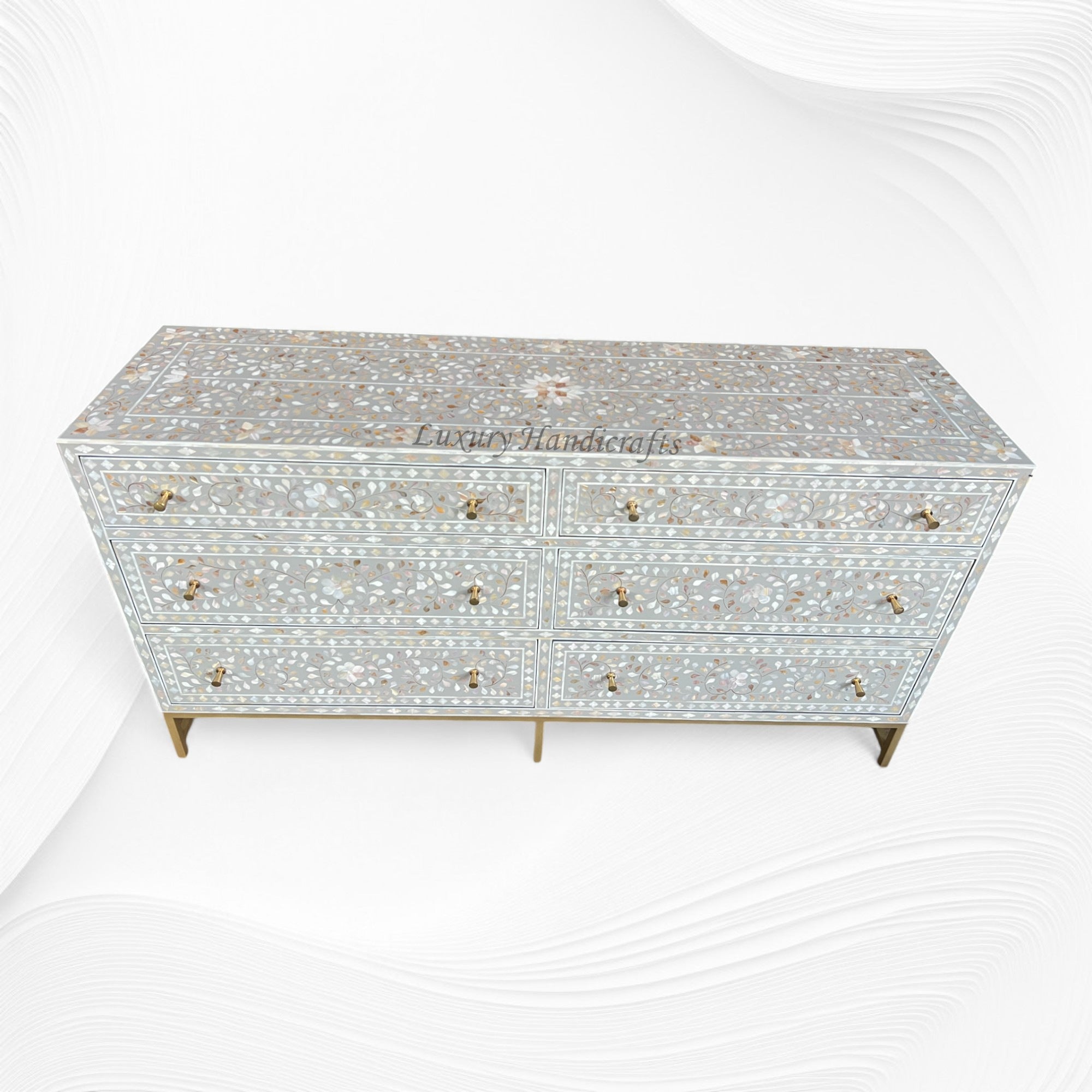 Scroll Vine MOP Inlay 6 Drawer Dresser Dove Grey 1