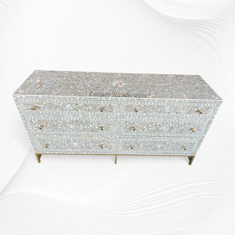 Scroll Vine MOP Inlay 6 Drawer Dresser Dove Grey 1
