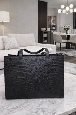 Sofia Genuine Leather Tote Bag Black Croc Embossed Design