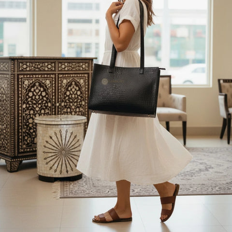 Sofia Genuine Leather Tote Bag Black Croc Embossed Design
