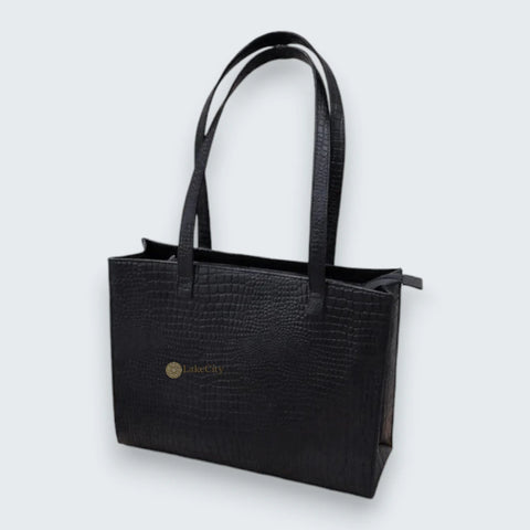 Sofia Genuine Leather Tote Bag Black Croc Embossed Design