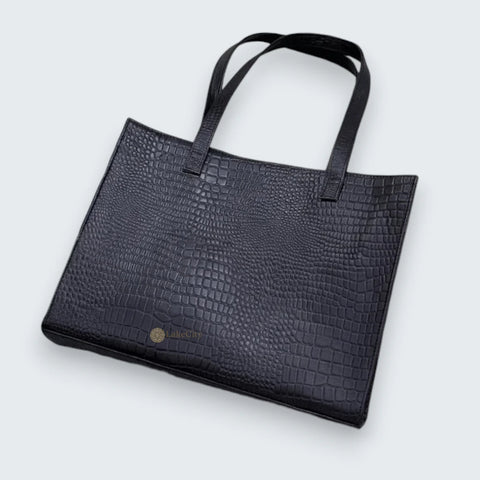 Sofia Genuine Leather Tote Bag Black Croc Embossed Design