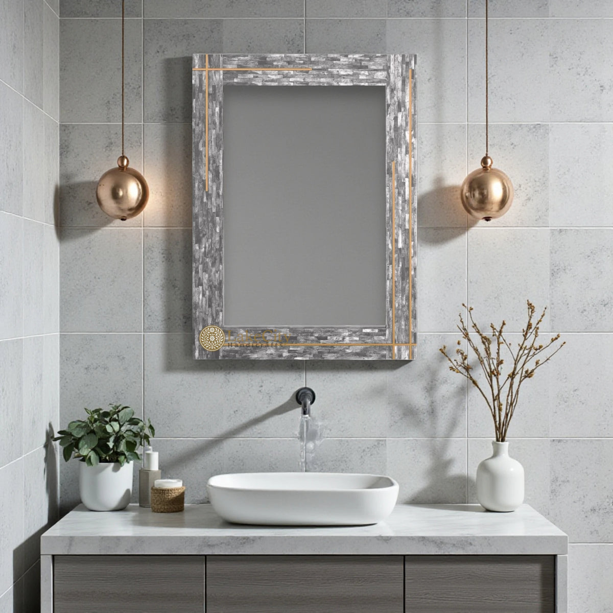 Stella Colored Bone and Brass Inlay Mirror Grey