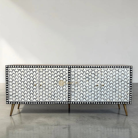 Bone Inlay Targua Design 4 Doors Media Console Table Black | Entertainment Unit Black