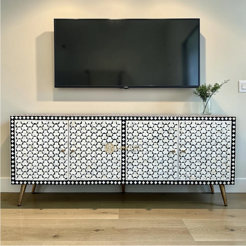 Bone Inlay Targua Design 4 Doors Media Console Table Black | Entertainment Unit Black