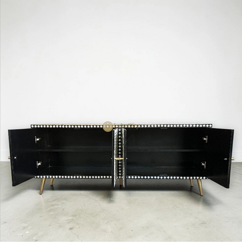 Bone Inlay Targua Design 4 Doors Media Console Table Black | Entertainment Unit Black