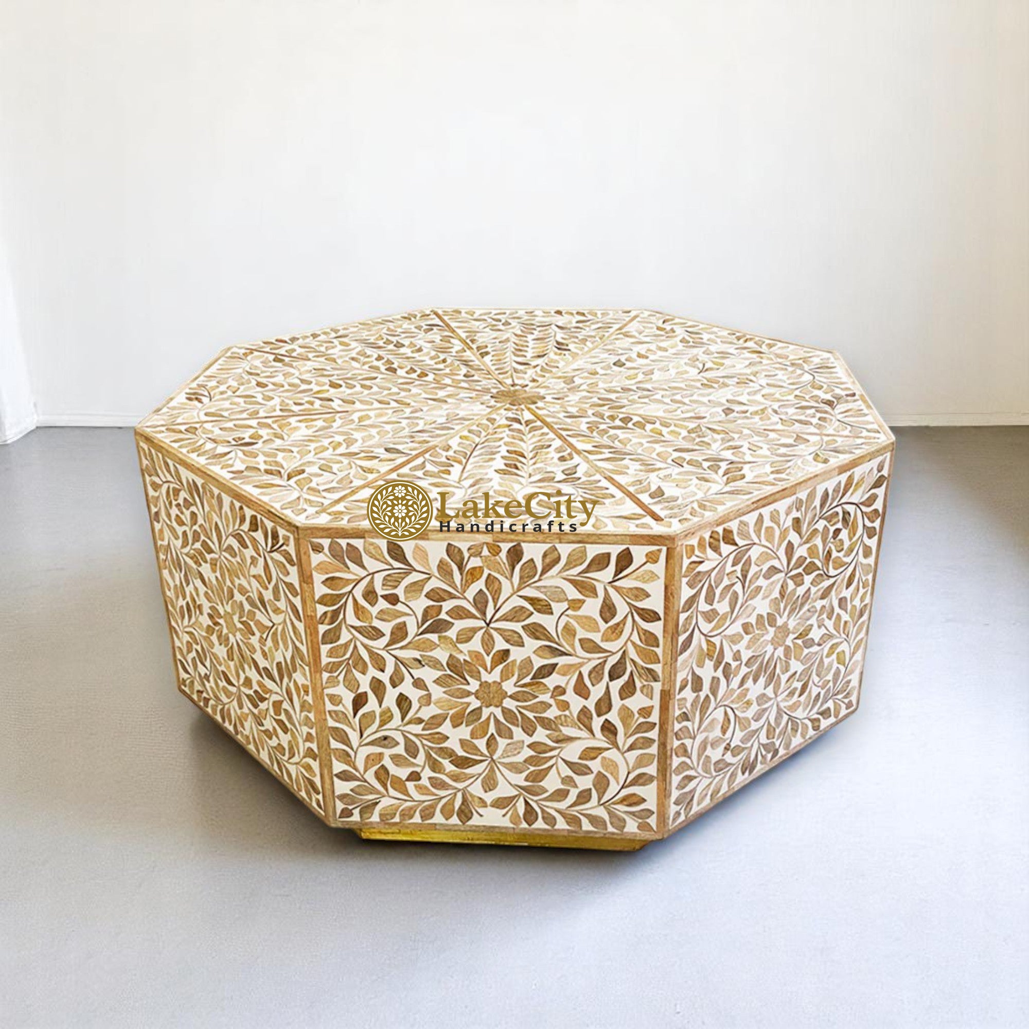 Teak Wood Inlay Floral Design Hexagonal Coffee Table White