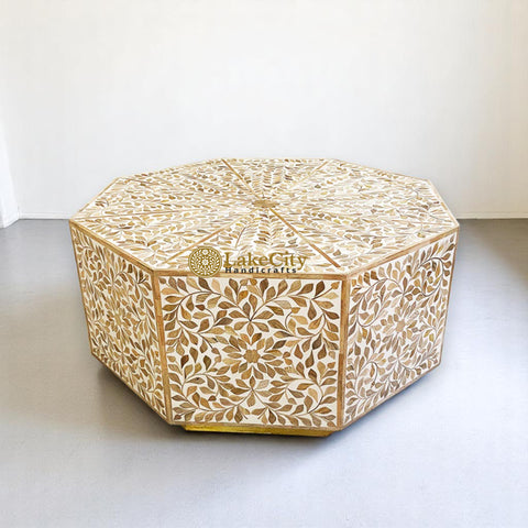 Teak Wood Inlay Floral Design Hexagonal Coffee Table White