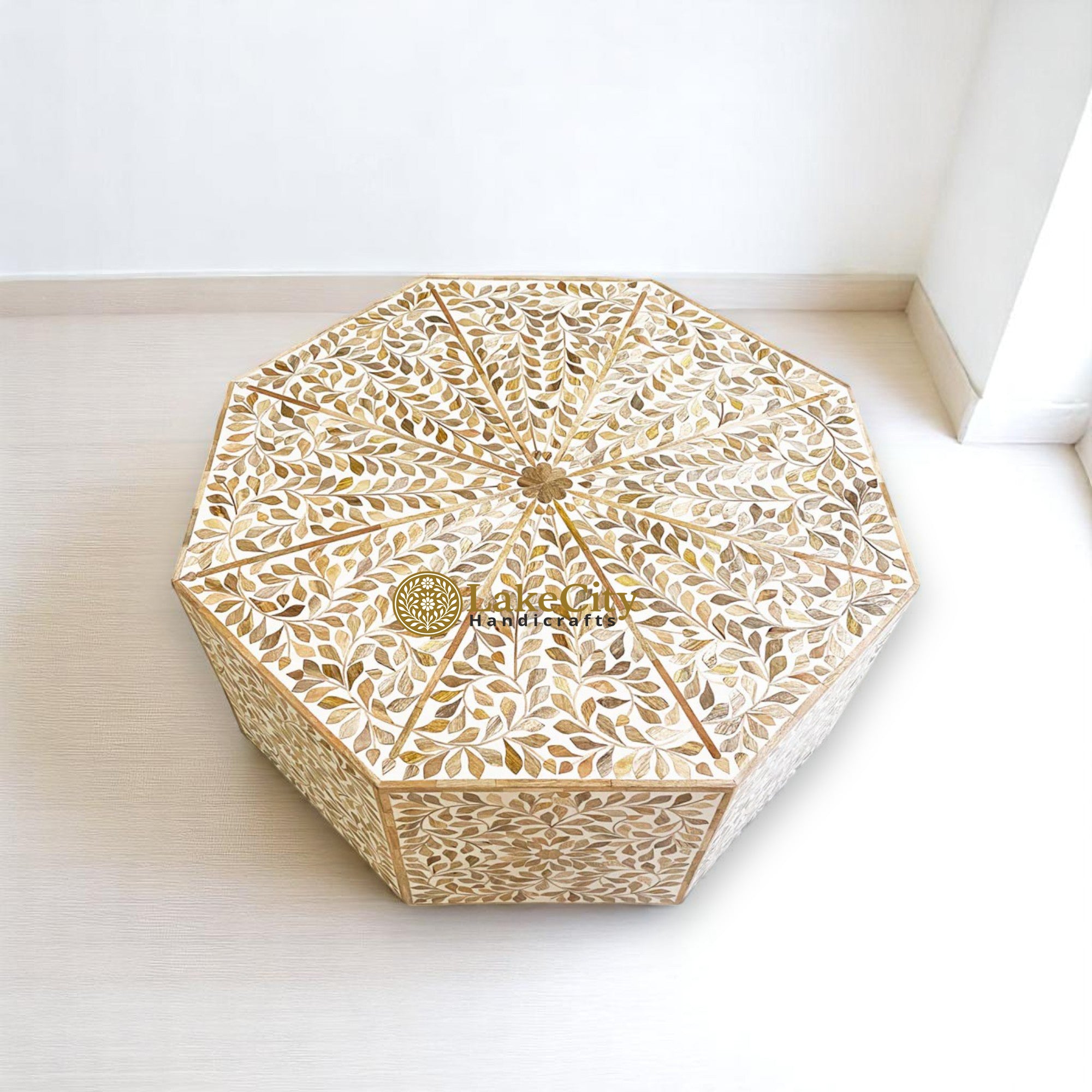 Teak Wood Inlay Floral Design Hexagonal Coffee Table White
