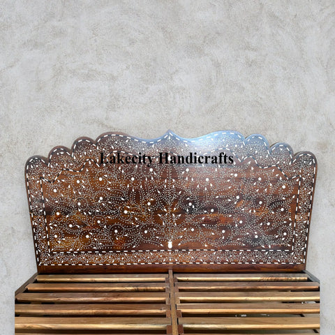 Bone Inlay Teakwood Bed Mihrab Walnut Finish