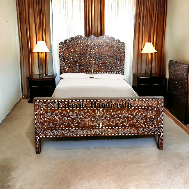 Bone Inlay Teakwood Bed Mehraab Walnut Finish