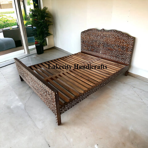 Bone Inlay Teakwood Bed Mihrab Walnut Finish