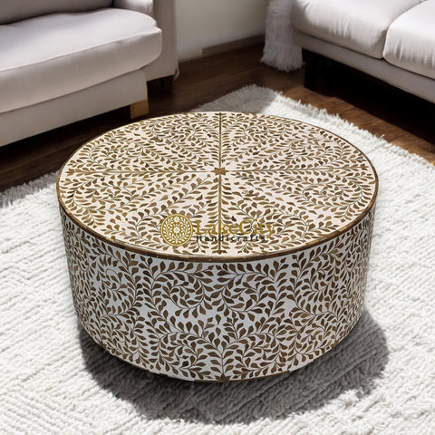 Teakwood Inlay Round Coffee Table White