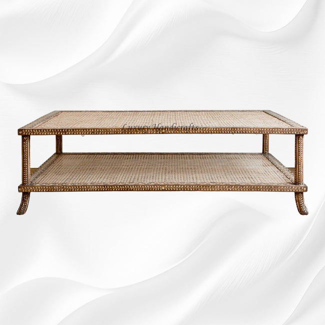 Teakwood Bone Inlaid Cane Coffee Table 1