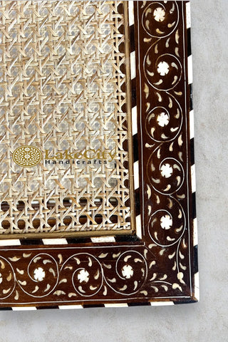 Teakwood Bone Inlaid Cane Coffee Table Walnut Finish | Bone Inlay Table