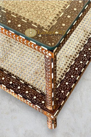 Teakwood Bone Inlaid Cane Coffee Table Walnut Finish | Bone Inlay Table