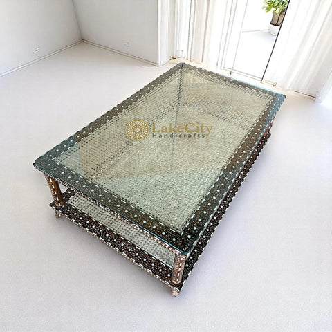 Teakwood Bone Inlaid Cane Coffee Table Walnut Finish | Bone Inlay Table