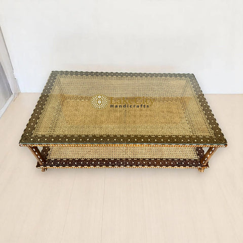 Teakwood Bone Inlaid Cane Coffee Table Walnut Finish | Bone Inlay Table