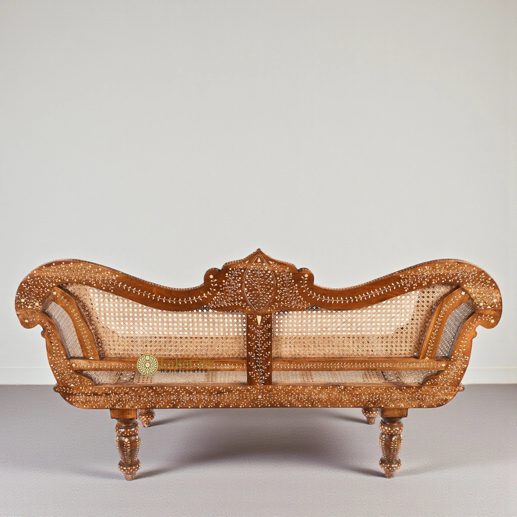 Teakwood Bone Inlaid Cane Daybed