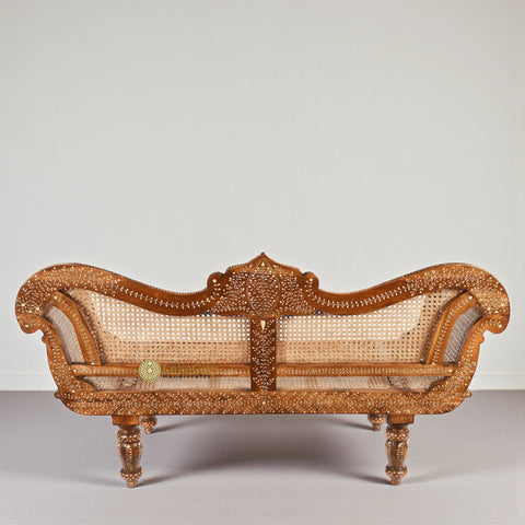 Teakwood Bone Inlaid Cane Daybed