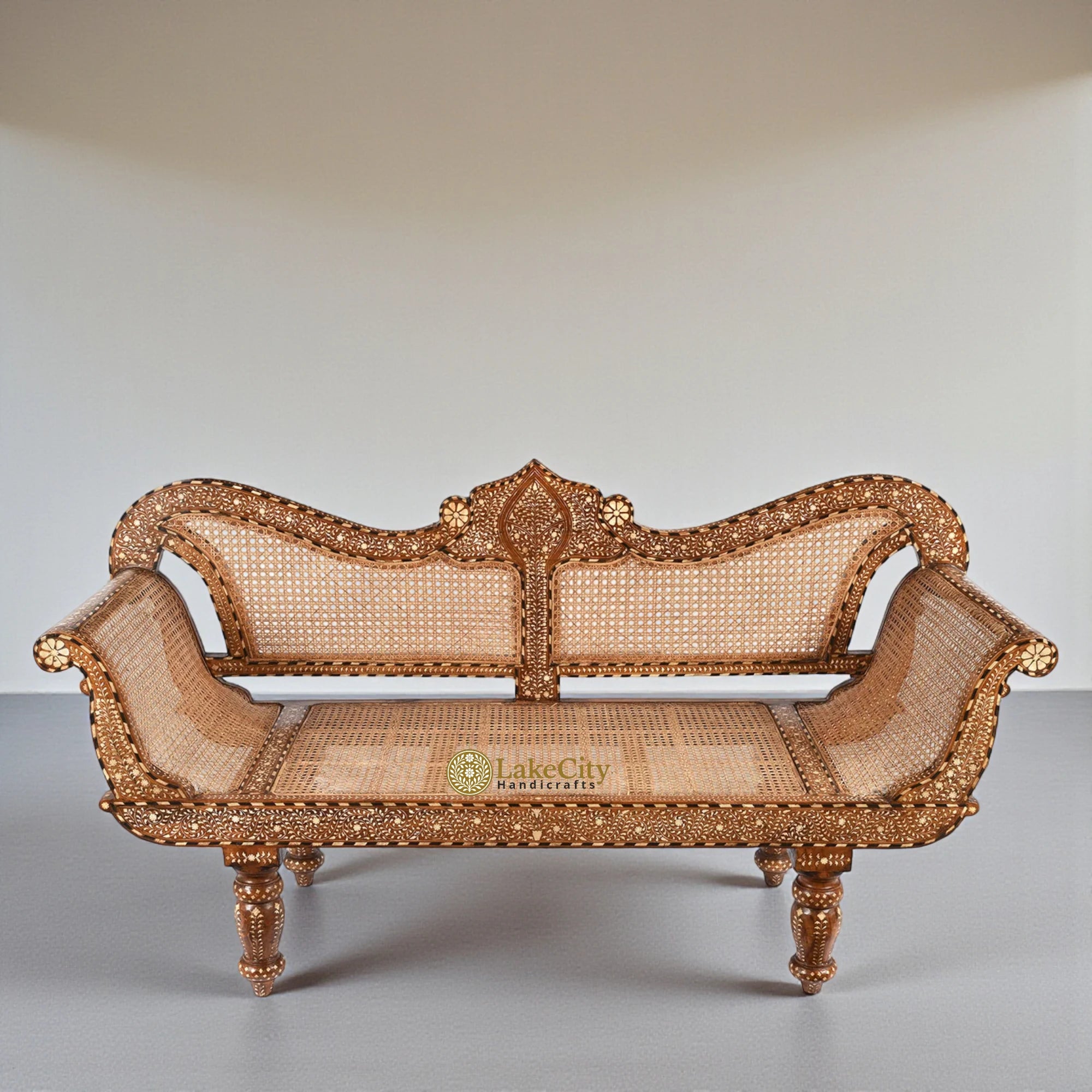 Teakwood Bone Inlaid Cane Daybed