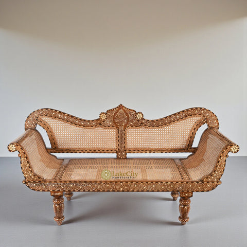 Teakwood Bone Inlaid Cane Daybed