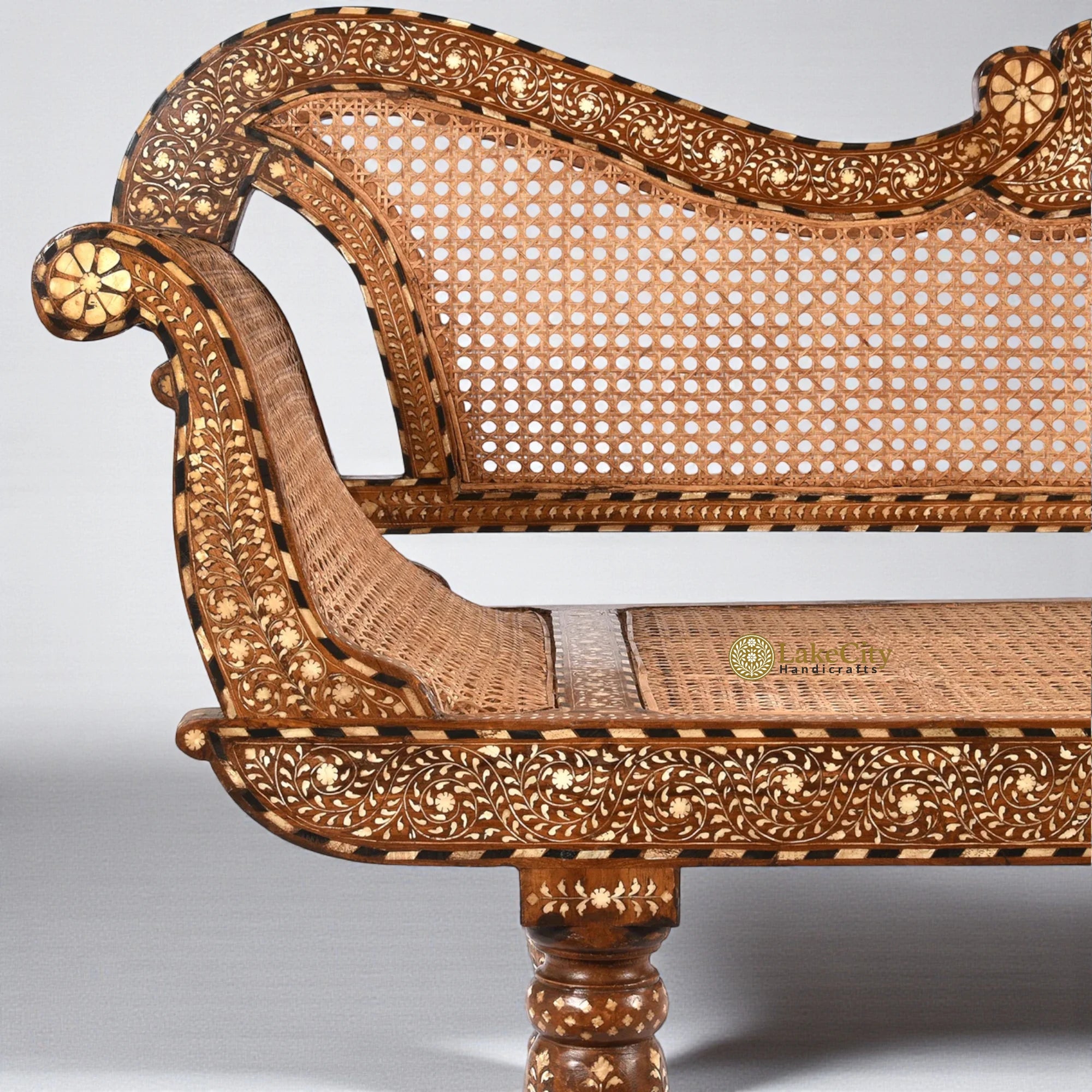 Teakwood Bone Inlaid Cane Daybed