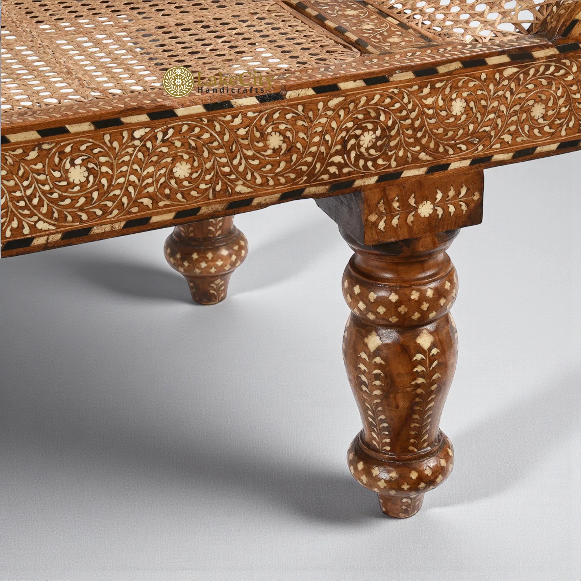 Teakwood Bone Inlaid Cane Daybed