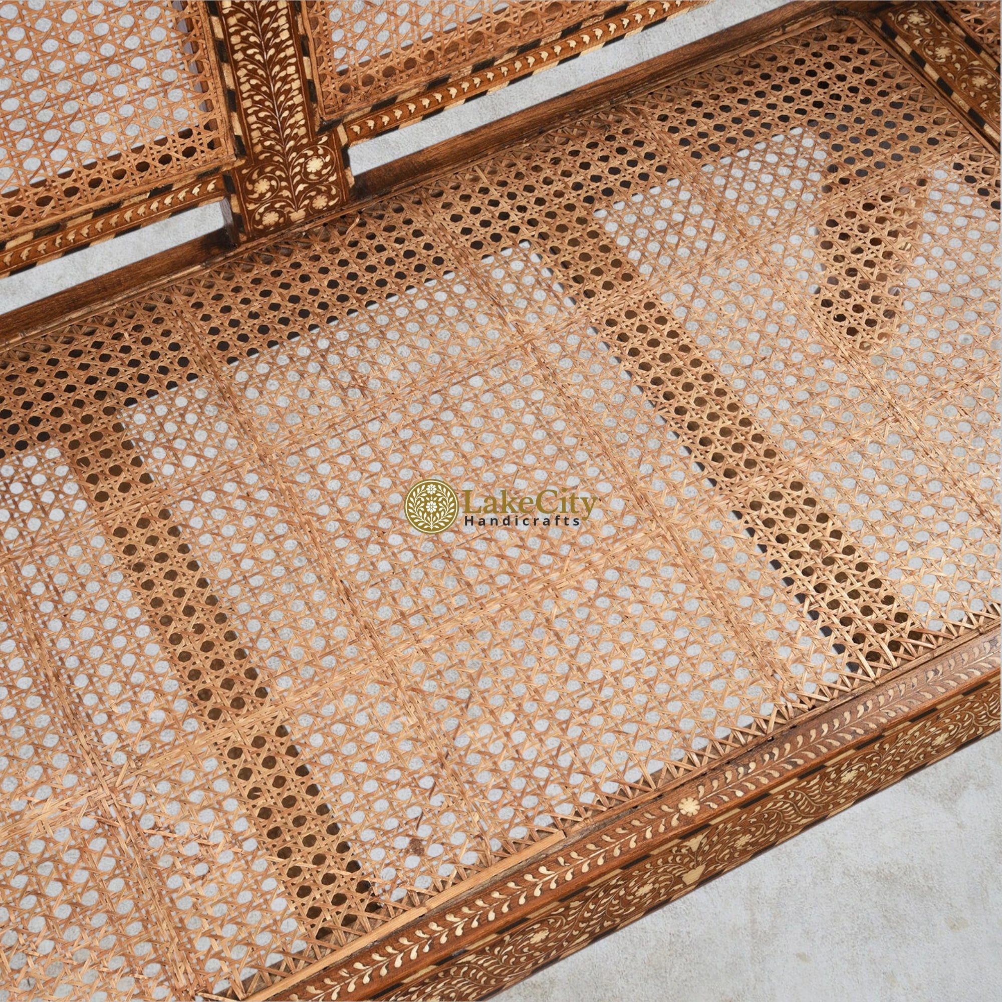 Teakwood Bone Inlaid Cane Daybed