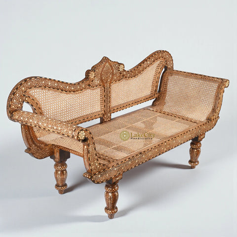 Teakwood Bone Inlaid Cane Daybed