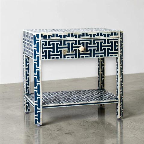 Tetris Bone Inlay 1 Drawer 1 Shelf Bedside Indigo | Inlay Bedside Table